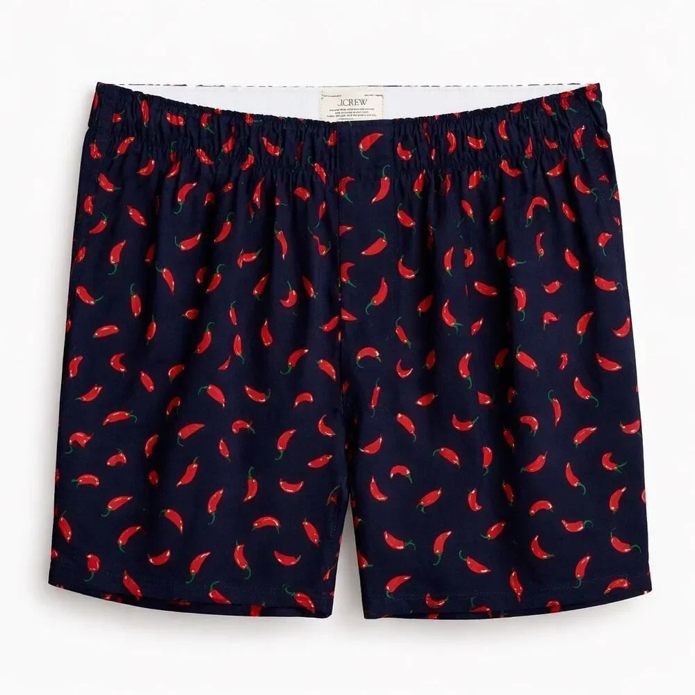 J.Crew Men’s Boxer Shorts Woven Medium Navy Chili Pepper Print Cotton Poplin NWT